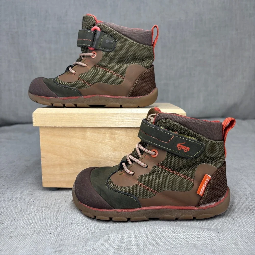 See Kai Run Sam Waterproof Hiking Boots Toddler Size 8 Olive Green Brown Orange